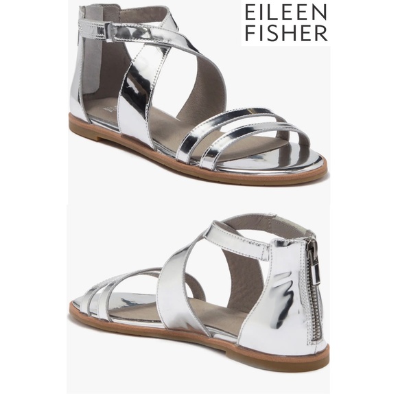 EILEEN FISHER NWT CICI FLAT SILVER MIRROR METALLIC LEATHER SANDAL. SIZE 7.5M - Picture 1 of 10